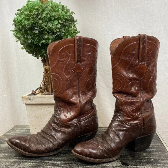 Lucchese 100% Leather full Quill Ostrich Brown Western Cowboy Boots 8